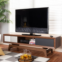Baxton Studio WI1701-Walnut/White/Grey-TV Svante Mid-Century Modern Multicolor Finished Wood 3-Drawer TV Stand
